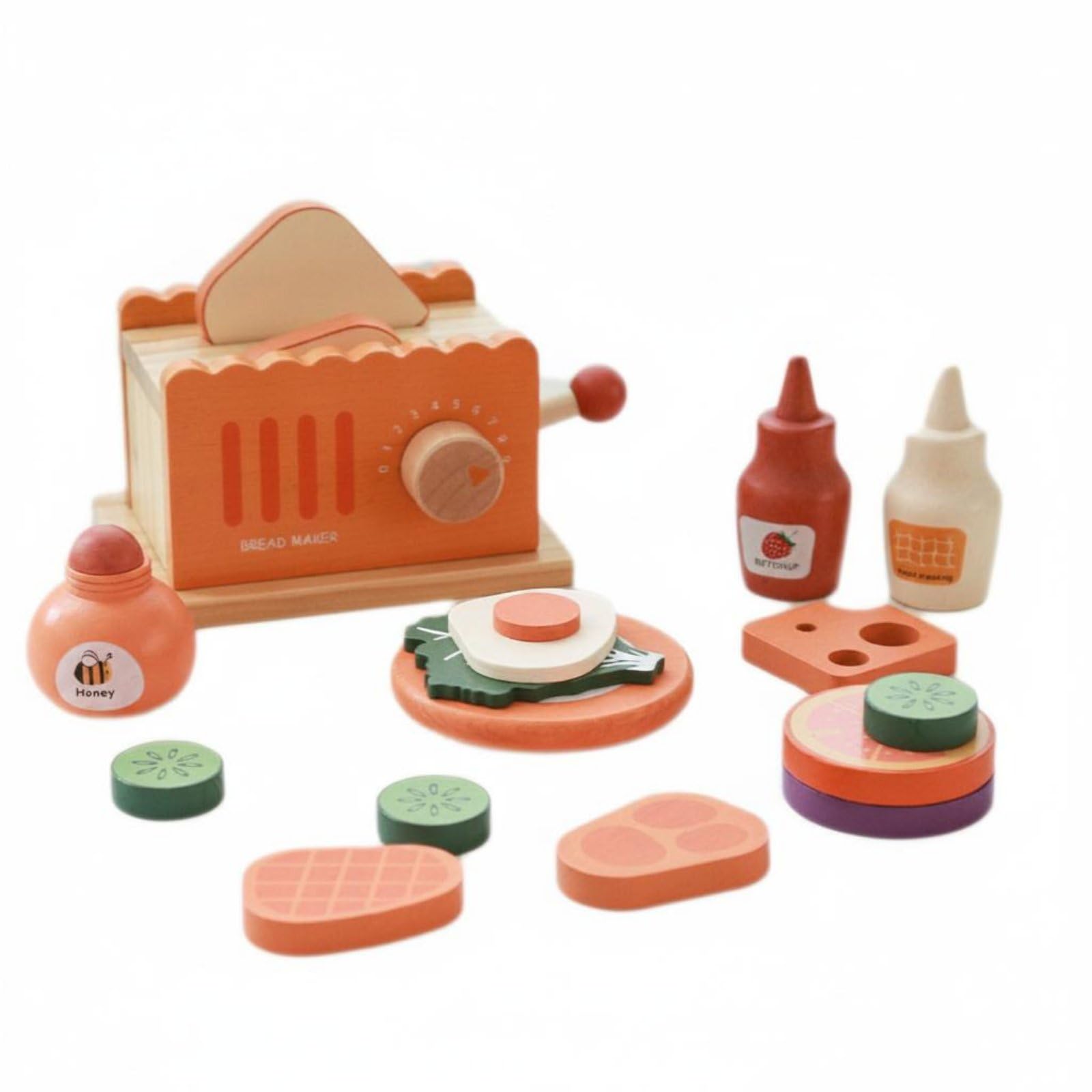 Cucina Giocattolo Bambini Set Colazione Finta Tostapane Pane Stoviglie Cibo Gioco Legno Educativo Manuale Interattivo Pezzi Impilabili Adatto per Gioco di Ruolo Apprendimento Casa Cameretta