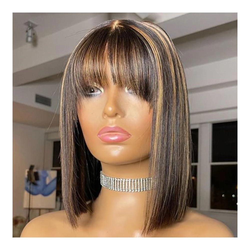Parrucca corta for capelli umani Bob con frangia Parrucca piccola in pizzo 3x1 senza colla for donna Marrone con riflessi(12INCHES)