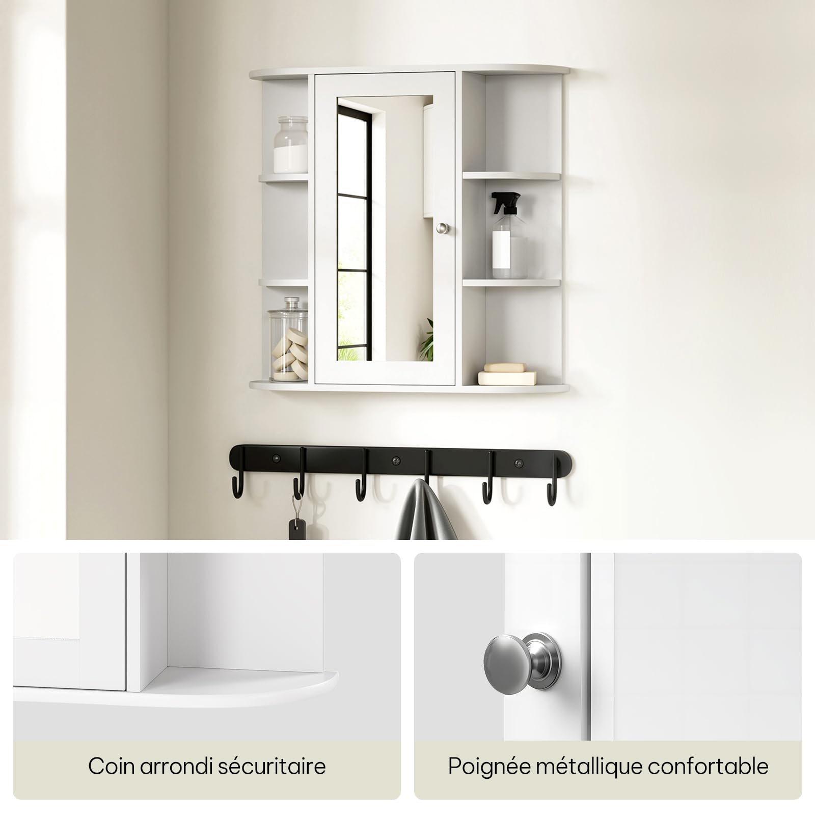 eSituro Armoire de Toilette avec Miroir et Porte, Moderne, Meuble Salle de Bain de Rangement Blanc, 60x58x16cm