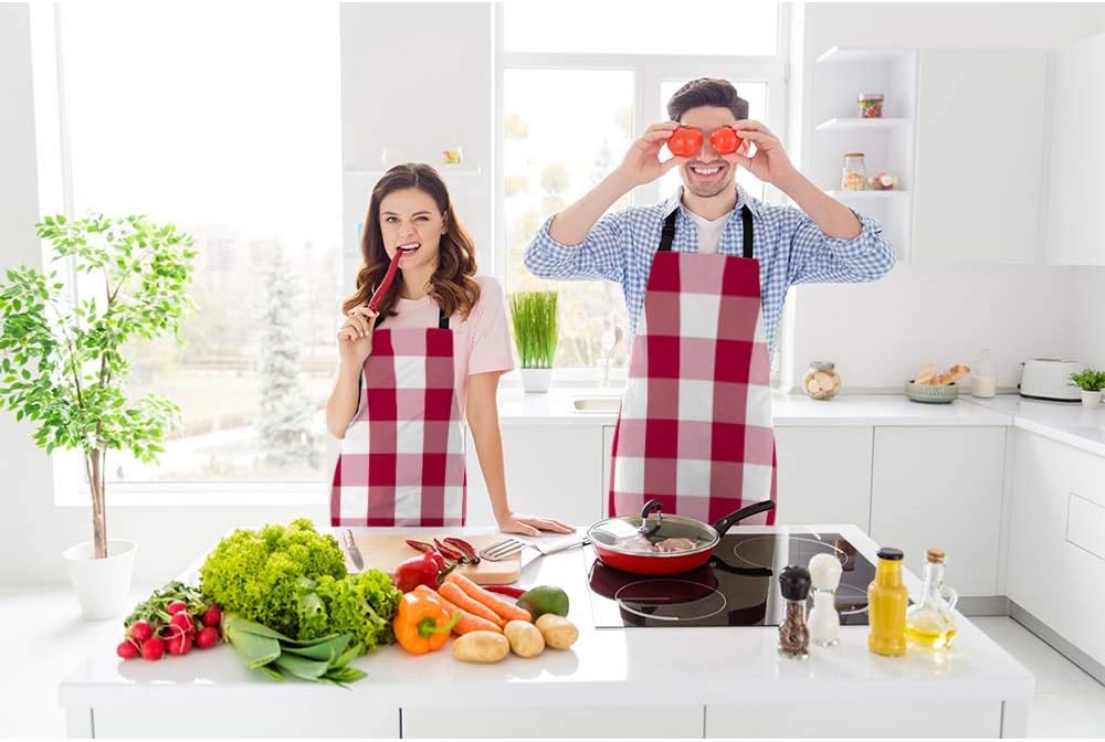 Sweet Pink Red Checkered Tartan Chef Apron 27 X 31 Inch Vintage Plaid Square Gingham Pattern Non-Pilling Bib Apron for BBQ Grilling Gardening with Adjustable Neck Strap - Image 2