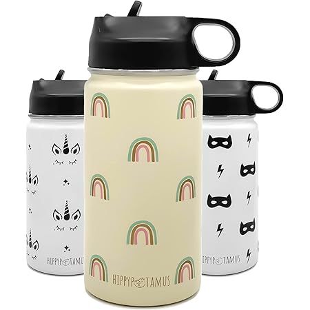 Hippypotamus Kids Water Bottle - Vacuum Insulated Stainless Steel Thermos With Straw Lid & Soft Spout For Toddlers - 14 oz (Rainbow)