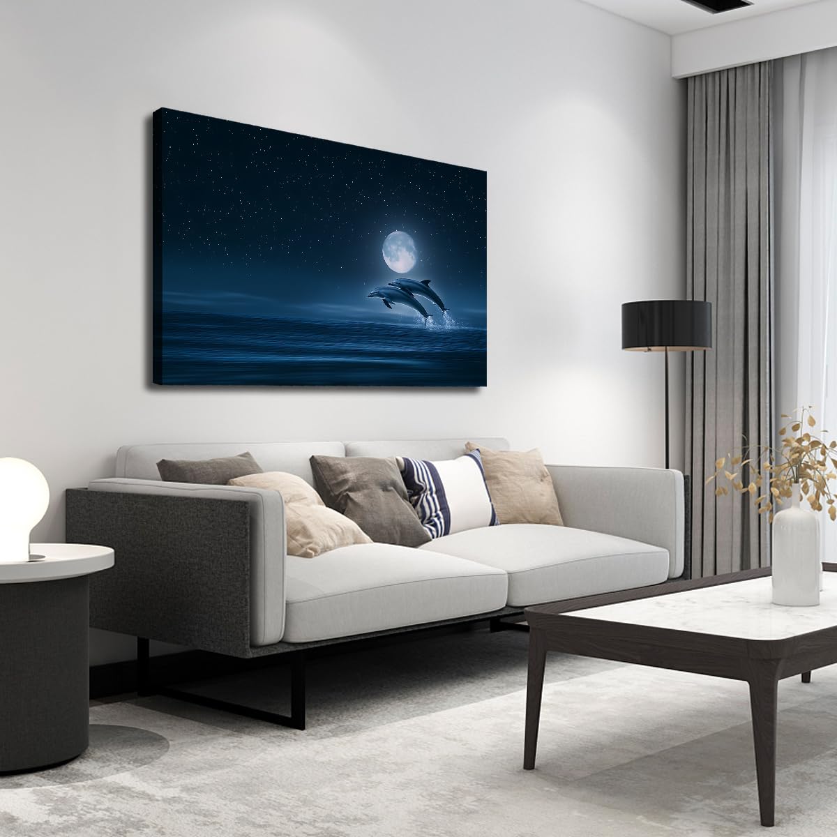 CHERHERART Delfin Skaczący w świetle księżyca płótno sztuka ścienna nocna niebieski plakat na płótnie do sypialni salon biuro domowe pokój dziecka 60x90cm rama wewnętrzna