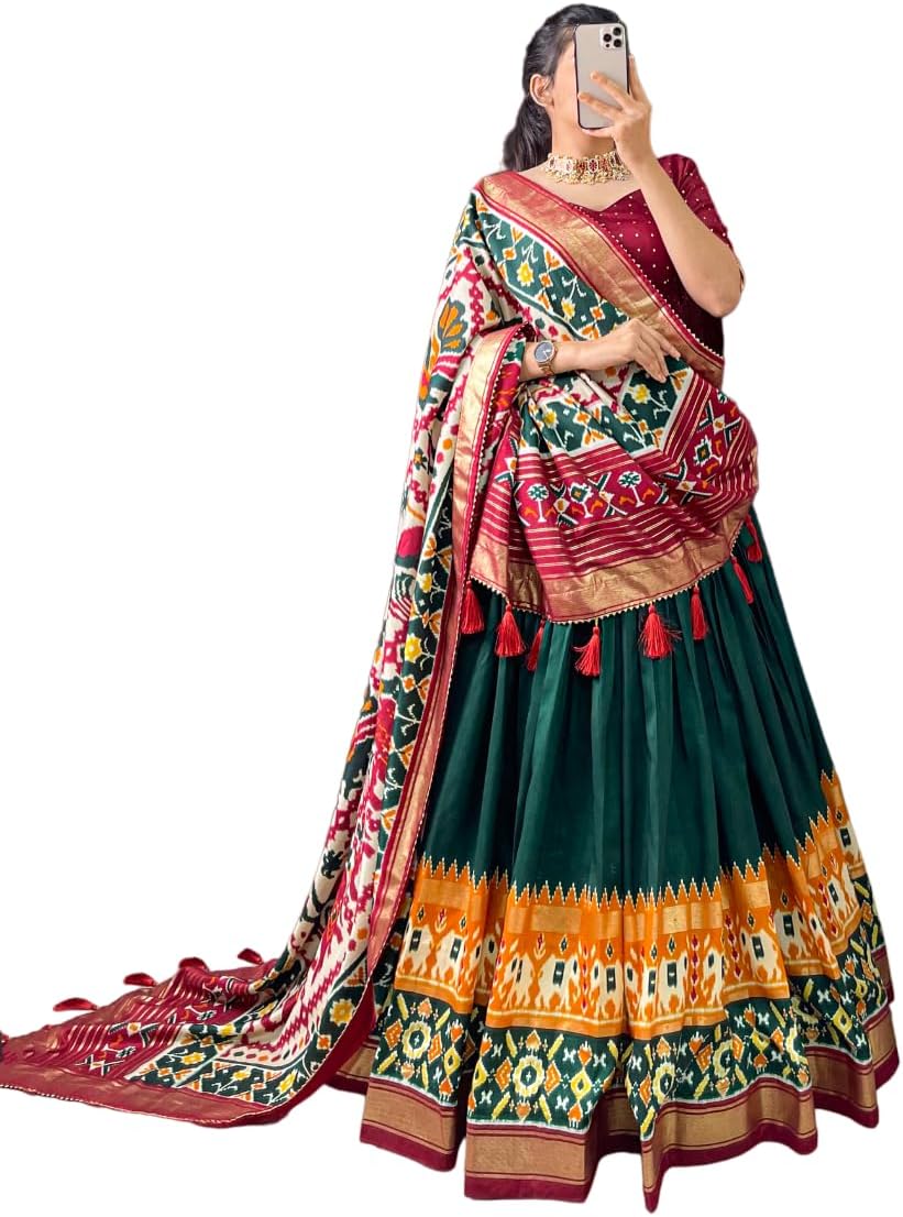 Women's Tussar Silk Lehenga Choli Patola Print with Foil Work With Blouse Solid