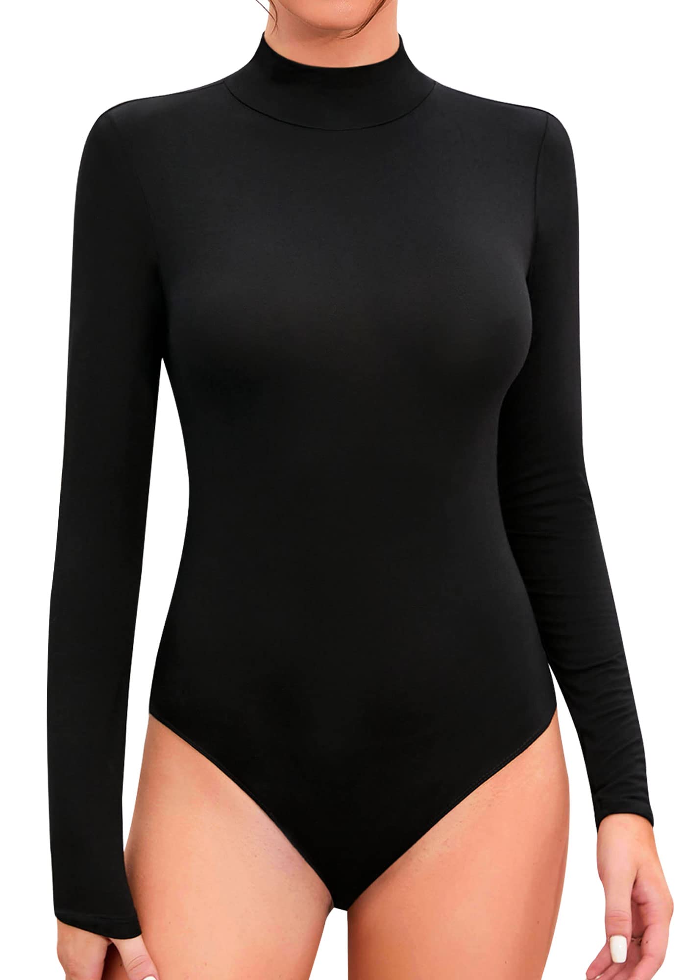 SHEIUGU Women’s Sleeveless Long Sleeve Mock Turtle Neck Bodysuit Soft Slim Fit Stretchy Layer Top Classic Jumpsuit