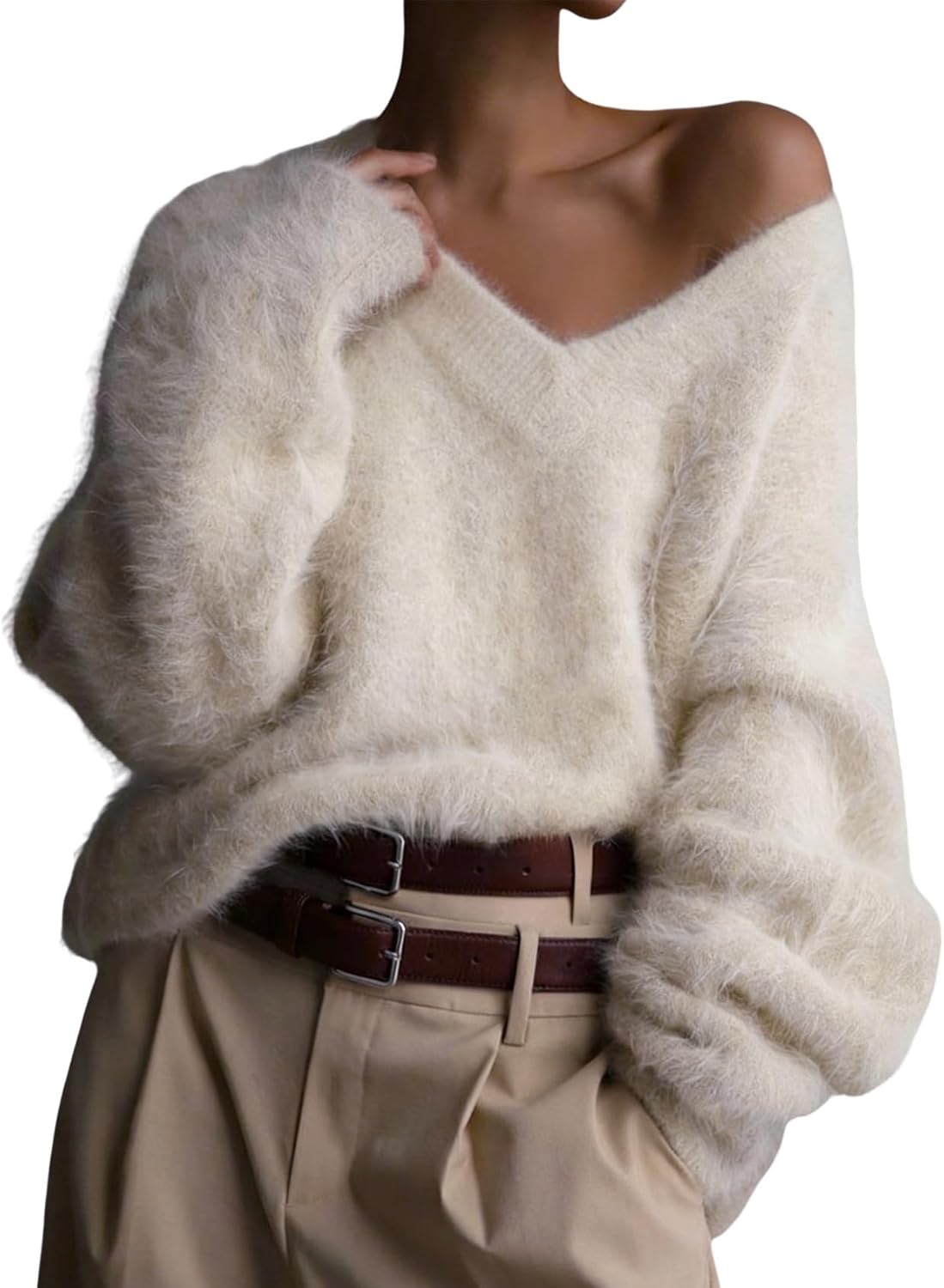 Yimoon Fuzzy Sweater for Women V Neck Long Sleeve Soft Chunky Pullover Sweater Loose Slouchy Fluffy Jumper Top