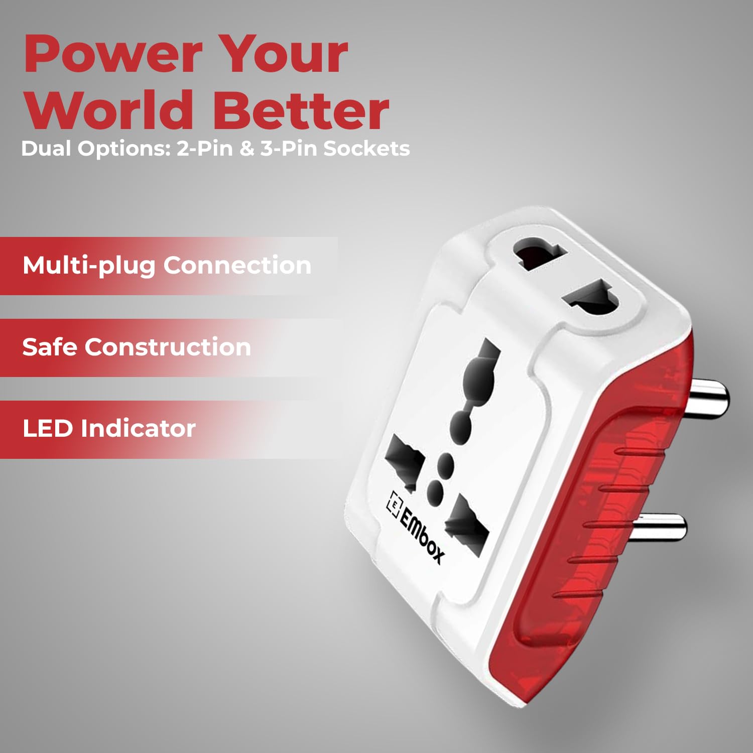 Embox 3 Pin 240V Multiplug Sockets | Multi Plug Adapter with LED Indicator | Supports 2-Pin&3-Pin Plugs | 3 Pin Plug Socket Home&Office Appliances | (Pack of 2)