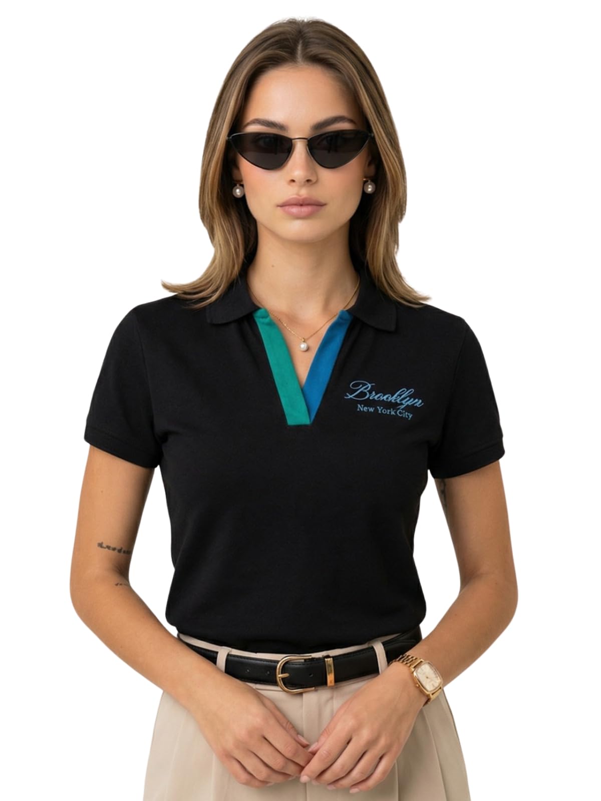 juneberry Women’s Regular Fit Lycra Polo T-Shirt with V-Neck and Contrast Trim on Collar and Half Sleeves, Soft Fabric for Comfortable All-Day Wear (Sizes S to 2XL)-picture-23