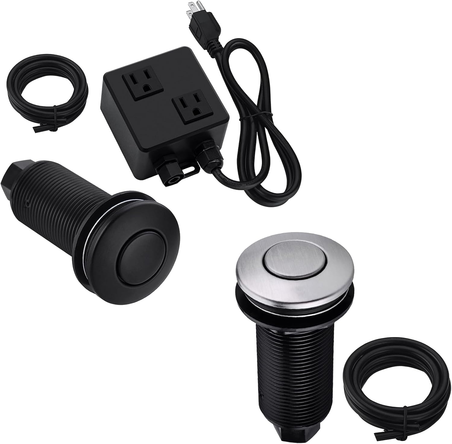 BESTILL Dual Outlet Air Switch for Garbage Disposal, UL Listed, Sink Top Long Push Button with Brass Cover, Matte Black, Brushed Nickel