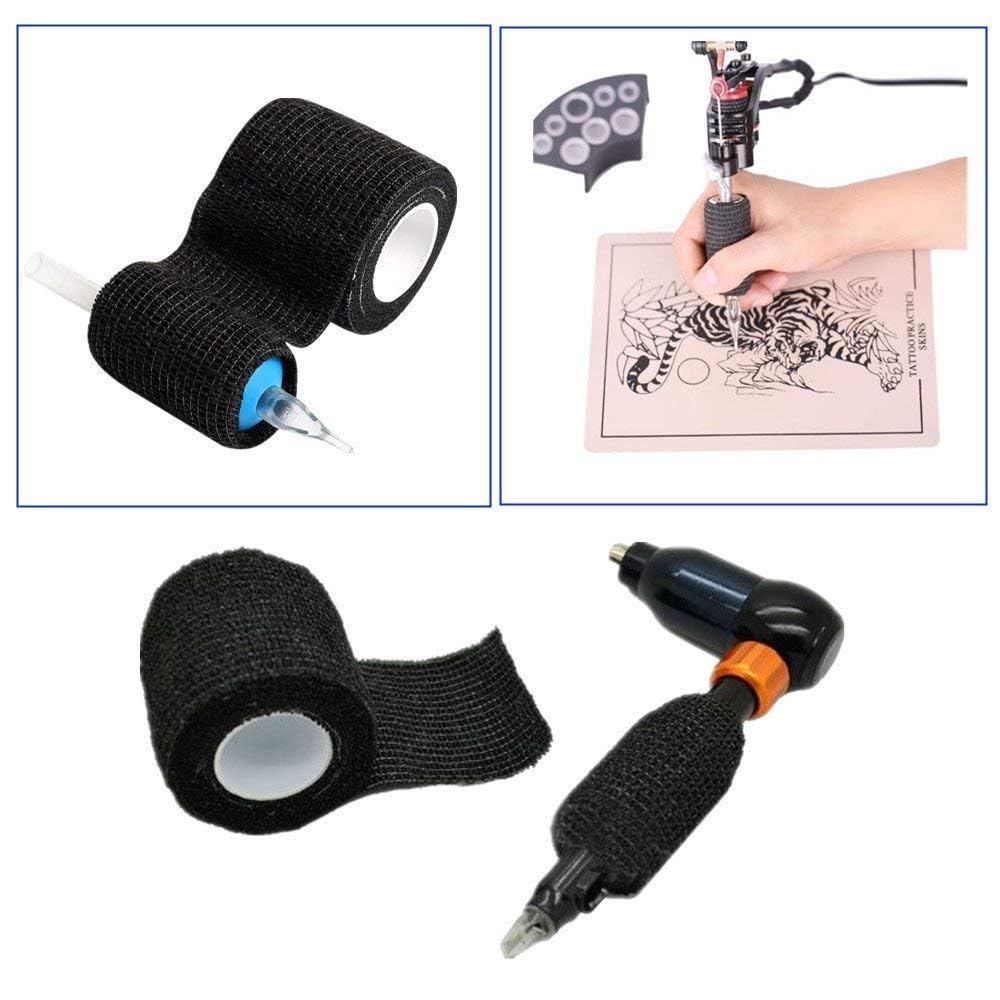 24pcs Tattoo Grip Cover Wrap, s 2 "x 5 yardas desechable Cohesive Tattoo Grip Cinta de vendaje Negro Autoadhesivo Wrap, Cinta de vendaje elástico (24pcs)