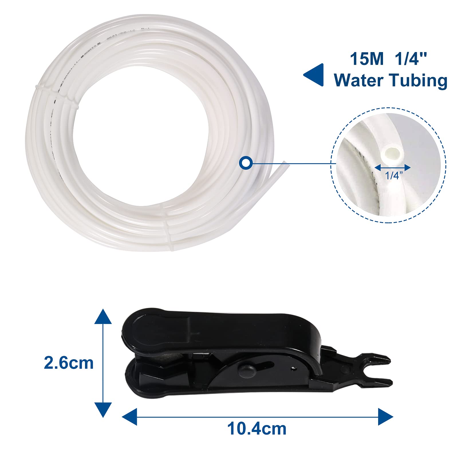 Juego de conexión para tubería de entrada de agua, manguera de frigorífico de 15 m de 6,35 mm, sistema de ósmosis inversa para frigorífico, conector de manguera (1/4"), cortador de tubos