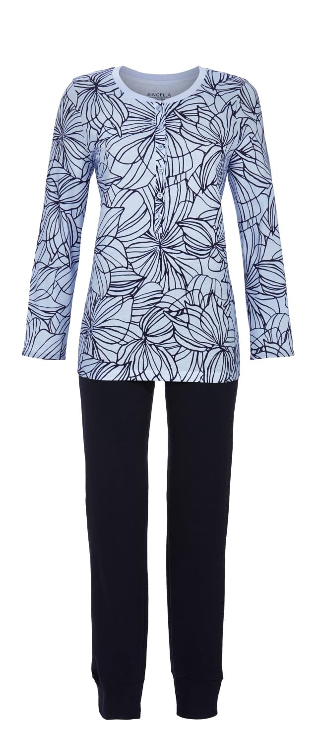 Ringella Damen Pyjama Langarm aus 100% Baumwolle, Zweiteiliger Schlafanzug, Lange Knopfleiste, abstraktes Dessin, Lange Hose mit Dehnbund & Strickbündchen, weich & hautfreundlich