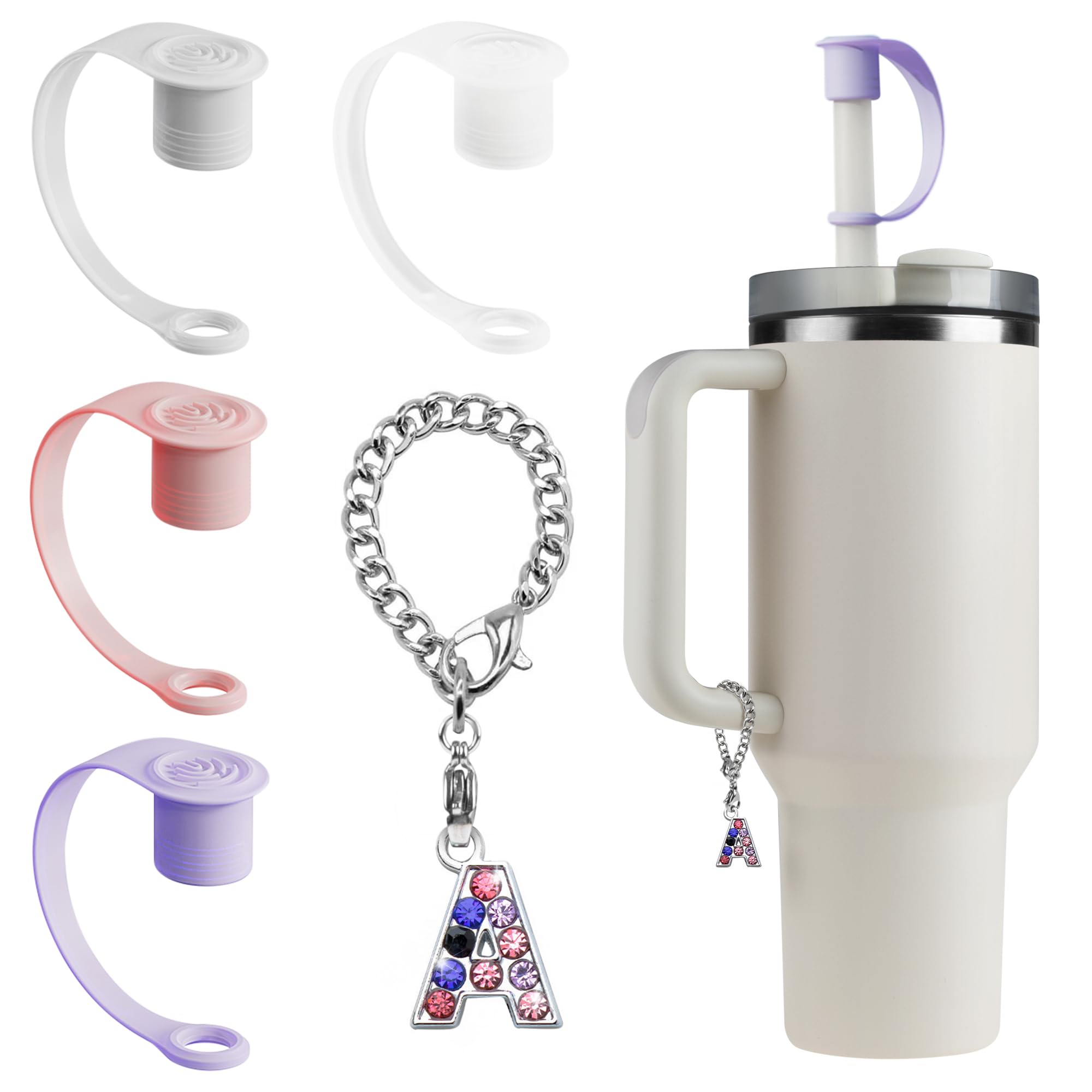 4PCS Silicone Straw Cover Compatible for Stanley Yeti Cup 30&40 oz 6-10mm Straws, Straw Toppers with 1PCS Initial Personalized Letter Charm A Compatible for Stanley Cup Accessories