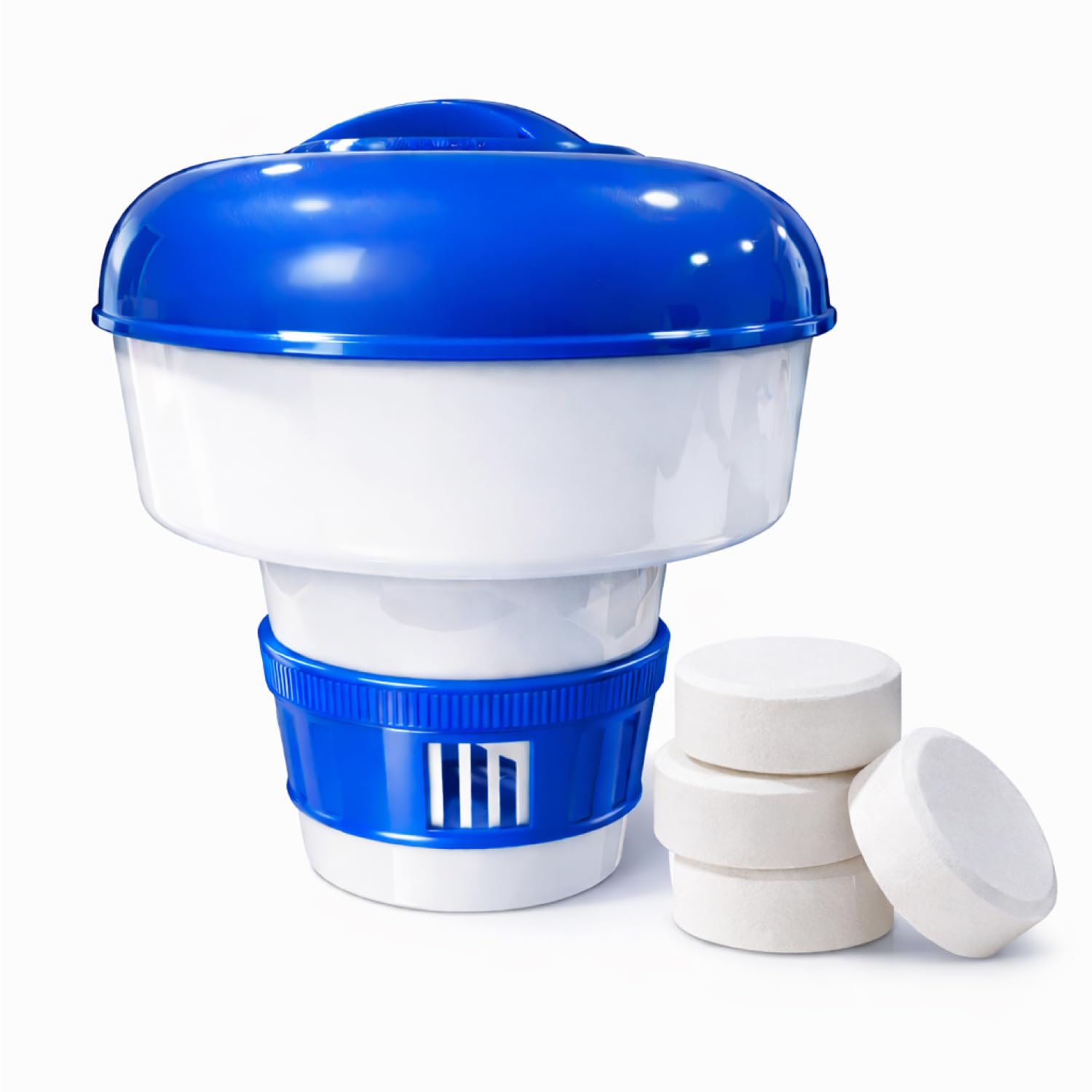 Dispensador Flotante de Cloro para Piscina, Dosificador Ajustable de Pastillas de Cloro 200g, Clorador Químico para Piscinas y SPA, Azul y Blanco