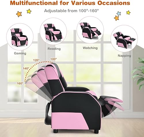 Miniatura 3 de UIIAIOUIAIO Silla reclinable para niños y niñas sillón reclinable de piel sintética con bolsillo lateral silla reclinable para espacios pequeños rosa
