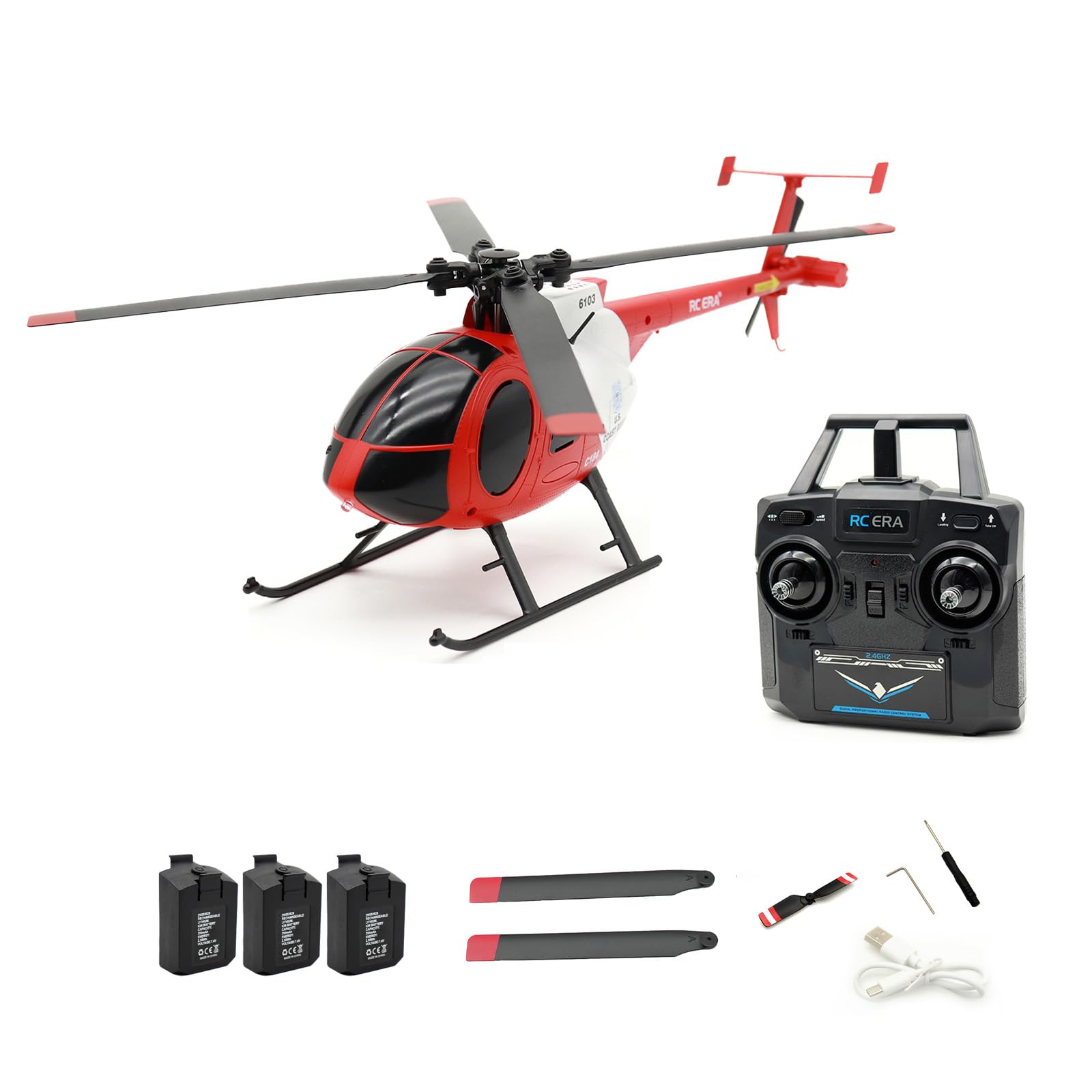 NULA RC-ERA C184 MD500 4CH RC Helicopter, 6-Axis Gyro Stabilized Flybarless Optical Flow Remote Control Helicopter RC Aircraft Outdoor For Adults & Beginners -Red /3 Battery