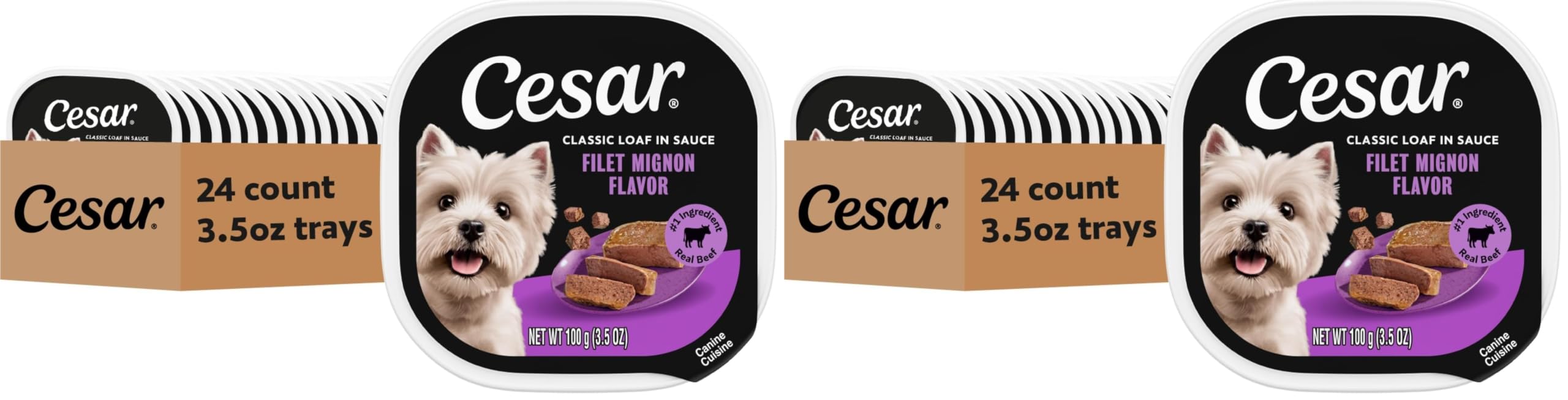 Cesar Classic Loaf in Sauce Adult Wet Dog Food Filet Mignon Flavor, Wet Food for Dogs, 3.5 oz Easy Peel Trays, 24 Count (Pack of 2)