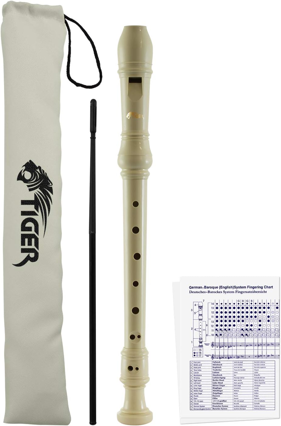 Tiger REC2-WH Descant Recorder – Three Piece School, Beginners Recorder with Bag, Cleaning Rod, and Fingering Chart – White