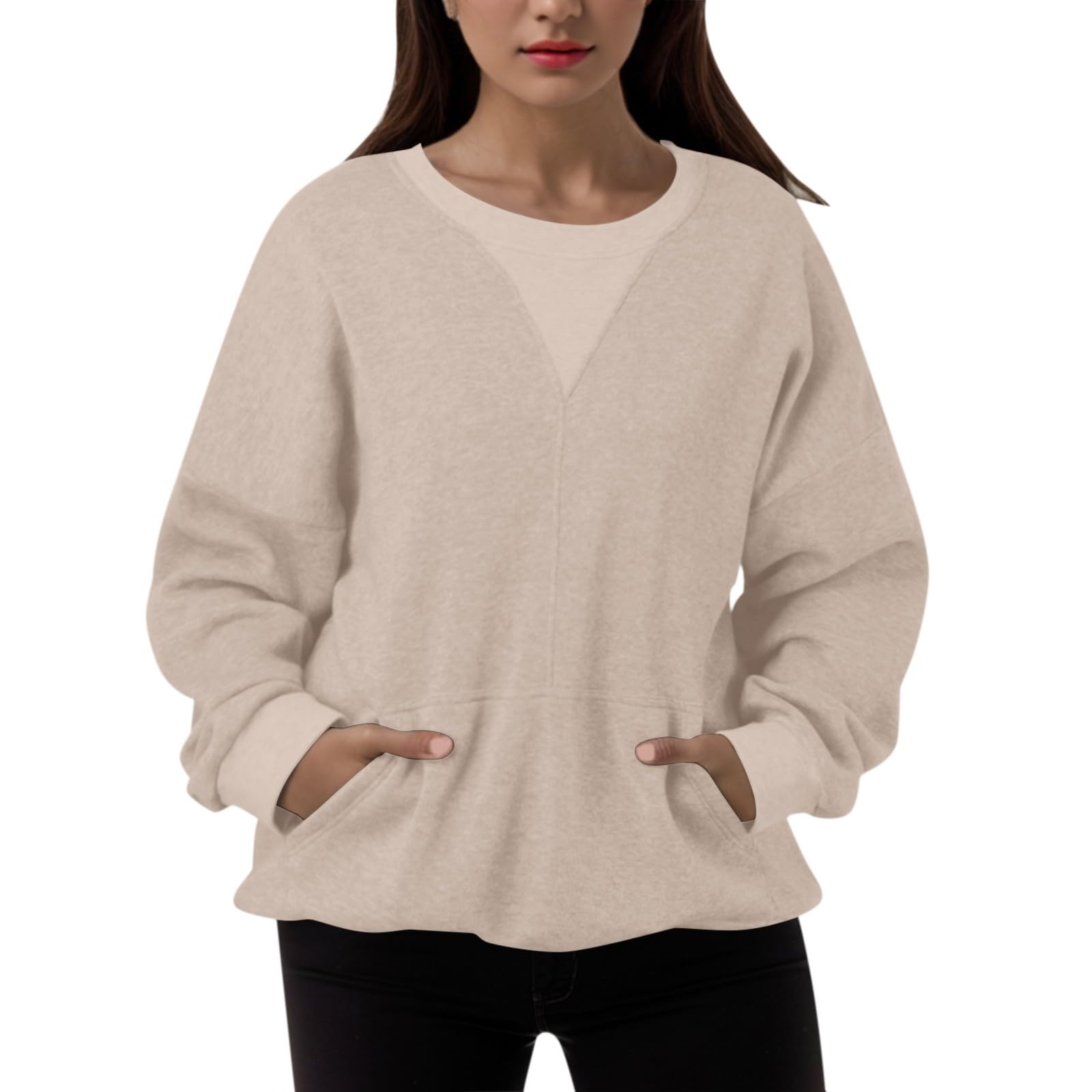 Sweat surdimensionné femme pour le cocooning pull patchwork beige sans capuche