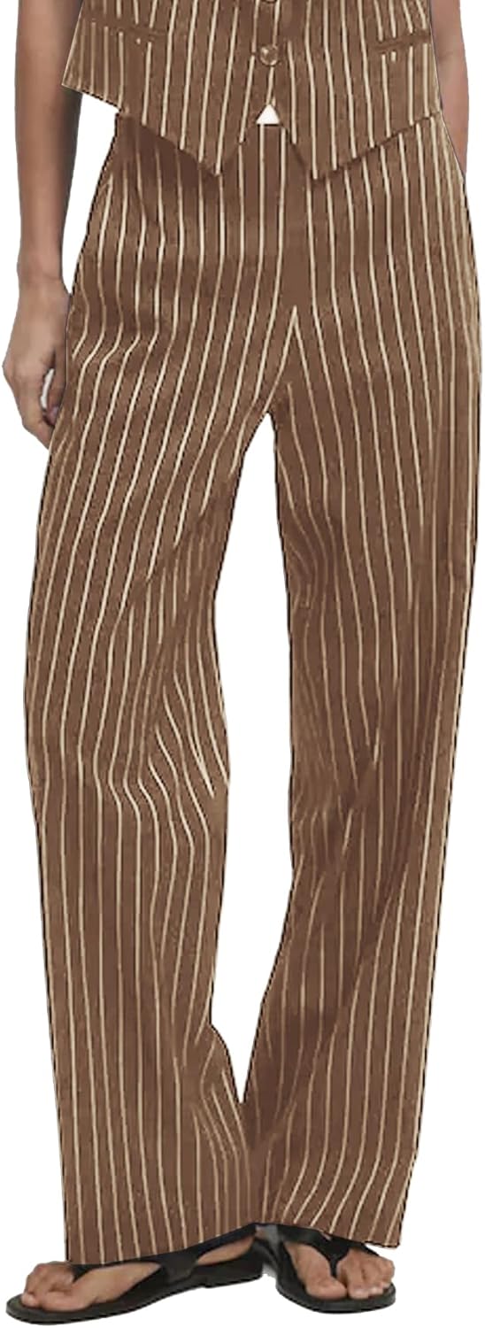 Women's Straight Leg Striped Pants High Waist Business Work Casual Pinstripe Long Palazzo Trousers with Pockets