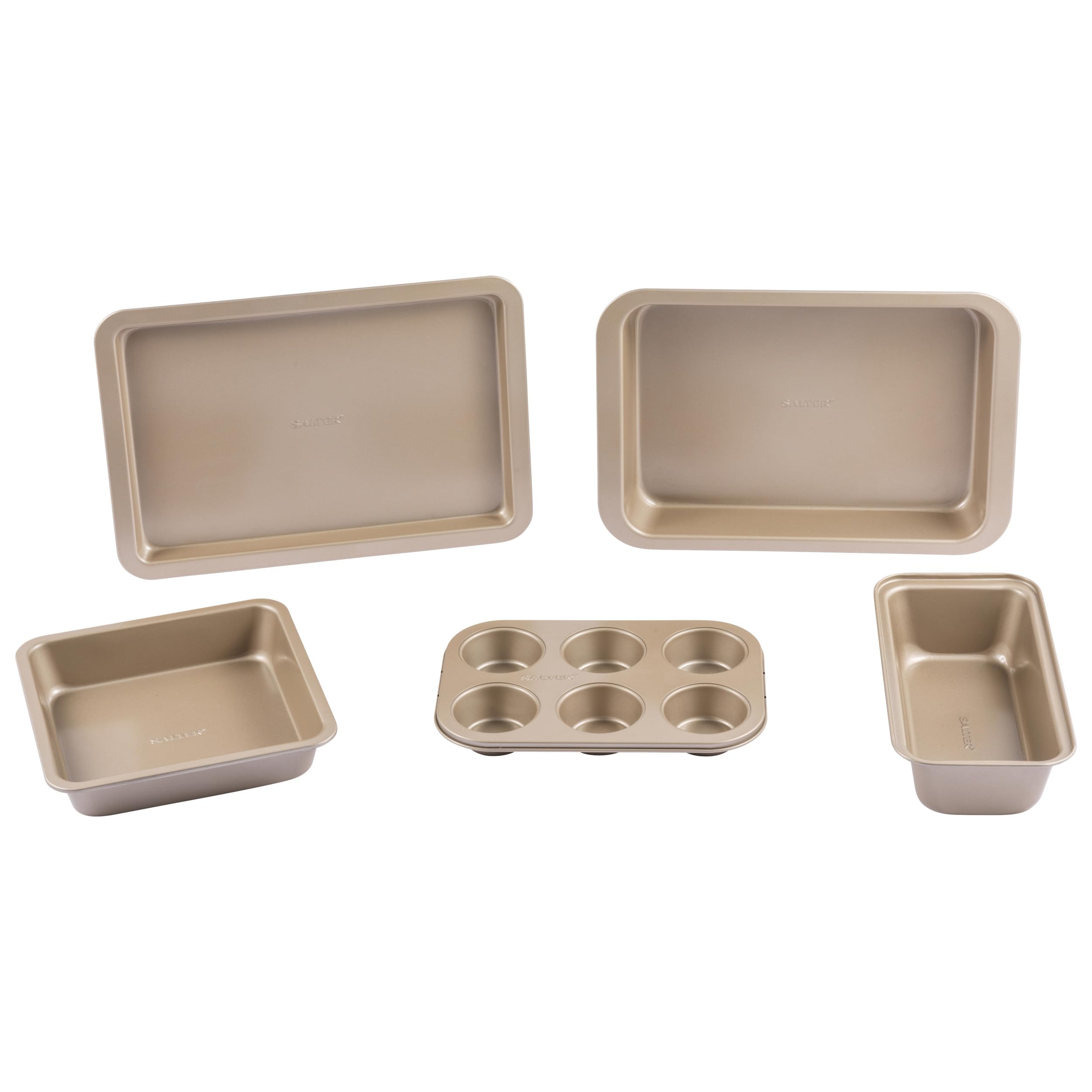 Salter Bakes 5 Piece Bakeware Set – Non-Stick Coated Roaster, Baking Tray, Square Pan, Loaf Tin, Muffin Tray, Oven Safe Up to 220°C, PFOA-Free, for Cake/Cookies/Bread/Muffins, Gold