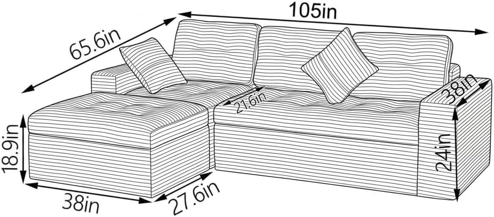 Eafurn 105" L-Shaped Boneless Modular Sectional Sofa with Movable Ottoman, Comfy Corduroy Floor Couch with Deep Seat and Tufted Seat, Flexible Module Combination for Living Room, No Assembly | Deep Seat, Wider Armrest, Free Combination, Tufted