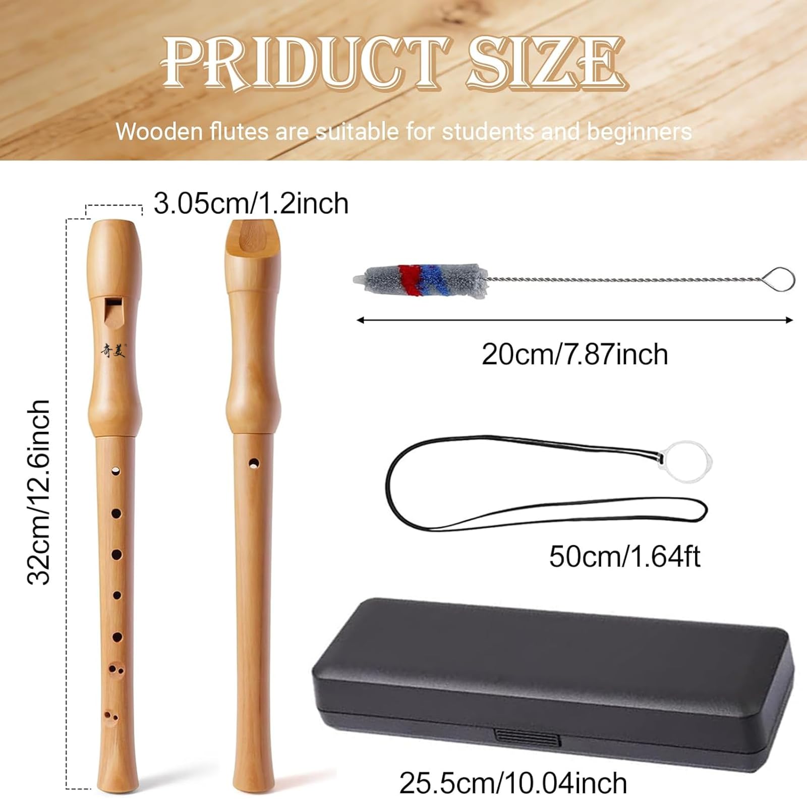Sopranowy flet prosty z drewna, 32 cm, zdejmowany, niemiecki stary klon, 8 otworów, niemiecki sposób chwytania, dla początkujących, z twardą obudową
