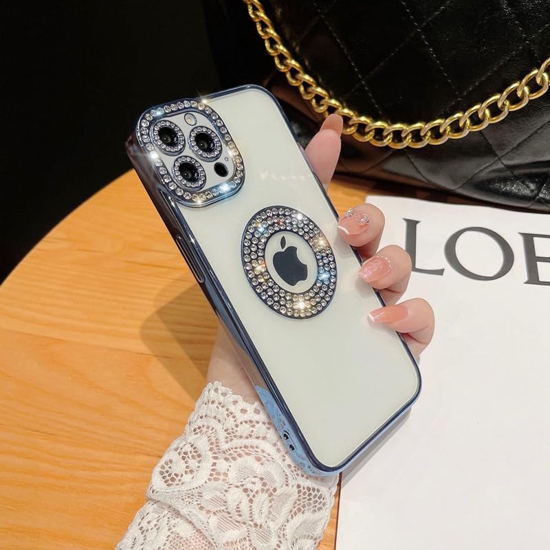 Image of LuxuryKase Sparkling Crystal Clear Case for iPhone 14 Pro | Logo Cut | Soft Protective TPU Case | Diamond Camera Lens Protector - Blue