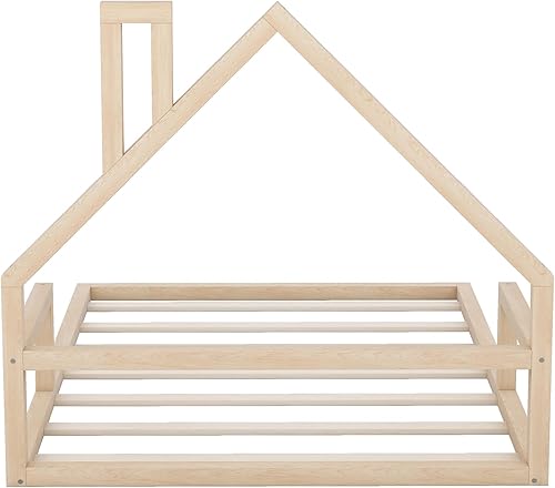 Miniatura 8 de DHPM Cama de suelo para niños, cama Montessori de tamaño matrimonial con cabecera y barandillas en forma de casa, cama de madera con listones para