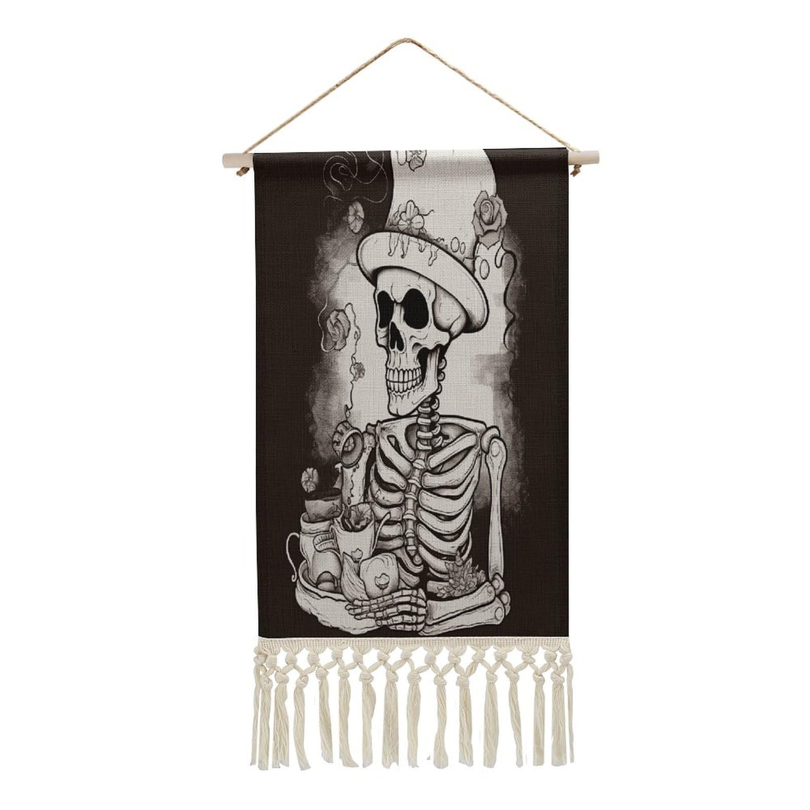 Adfgyerh Style Skeleton Chef Tapestry With Tassels Cotton And Linen Hanging Posters, Wall Art For Travel Gift, Wall Tapestry For Office Home Decor Bedroom Living Room Decor