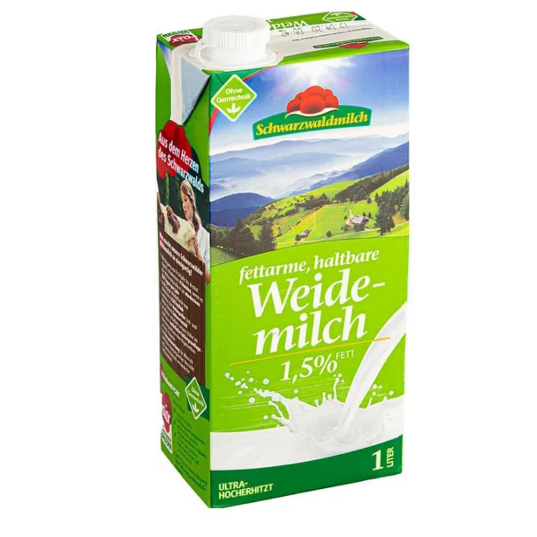 Schwarzwaldmilch Milch fettarme H-Milch, 1,5% Fett Haltbare Milch, Weidemilch, je 1 Liter, 60 Stück+ pufai