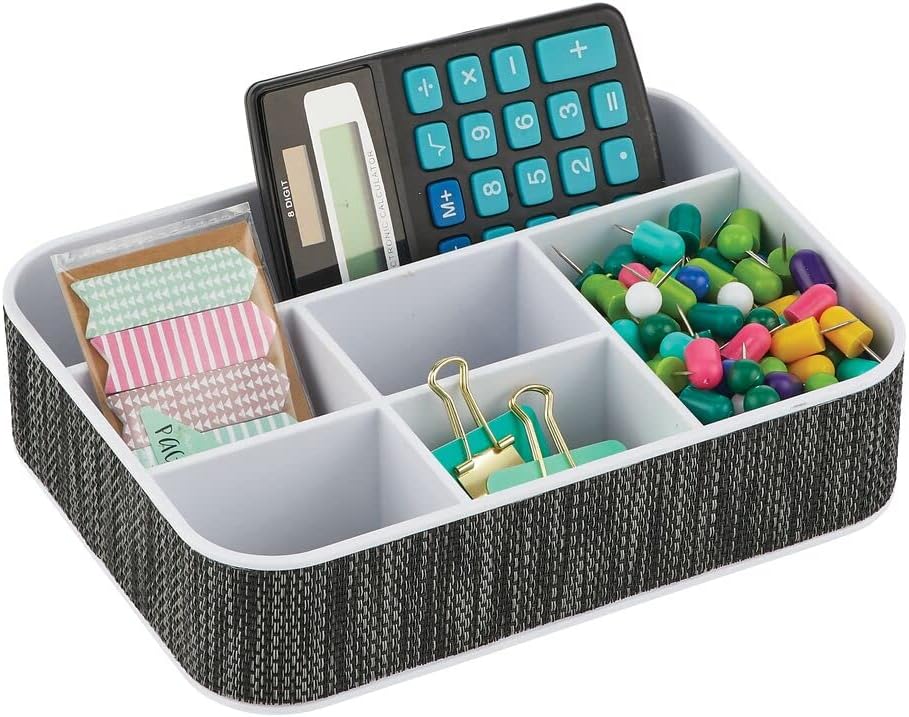 mDesign Plastic Woven Home, Office Storage Tray - Divided for Cabinet, Countertop, Desk, Workspace - for Gel Pens, Colored Pencils, Erasers, Tape, Paper Clips, 6 Compartments, 2 Pack - White/Black