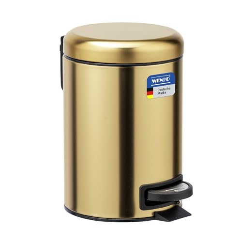 WENKO Poubelle cosmétique à pédale Leman Or mat | Anti trace | 3 litres | Petite poubelle pour salle de bain avec support à sacs poubelle intégré | Acier...