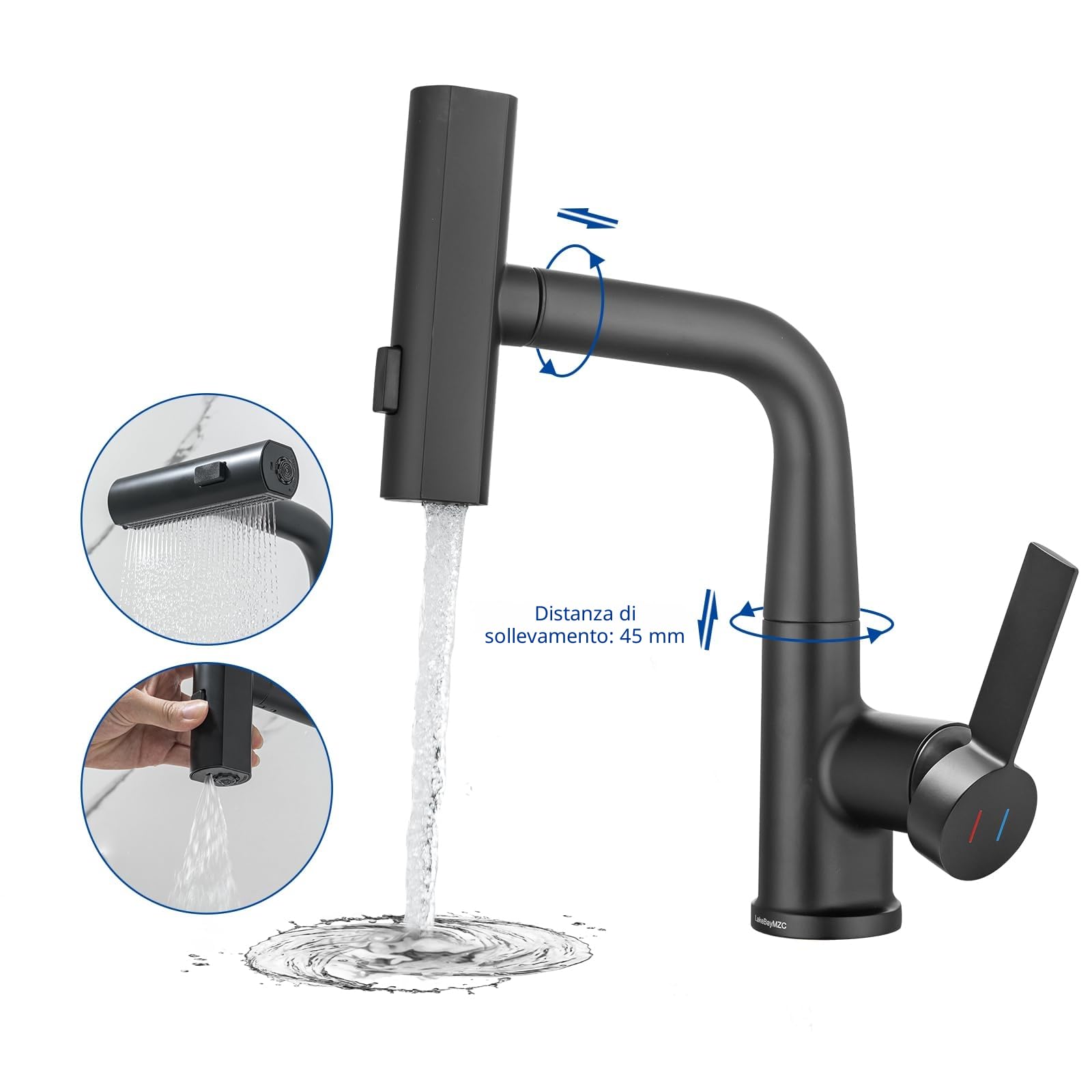 Rubinetto per Bagno Lavabo Nero Doccetta Estraibile con a 3 Modalità | Miscelatore Lavabo Estraibile LakeBayMZC,Rubinetti Monocomando Bagno con Doccetta,Aeratore Rimovibile,Senza Piombo, Nero