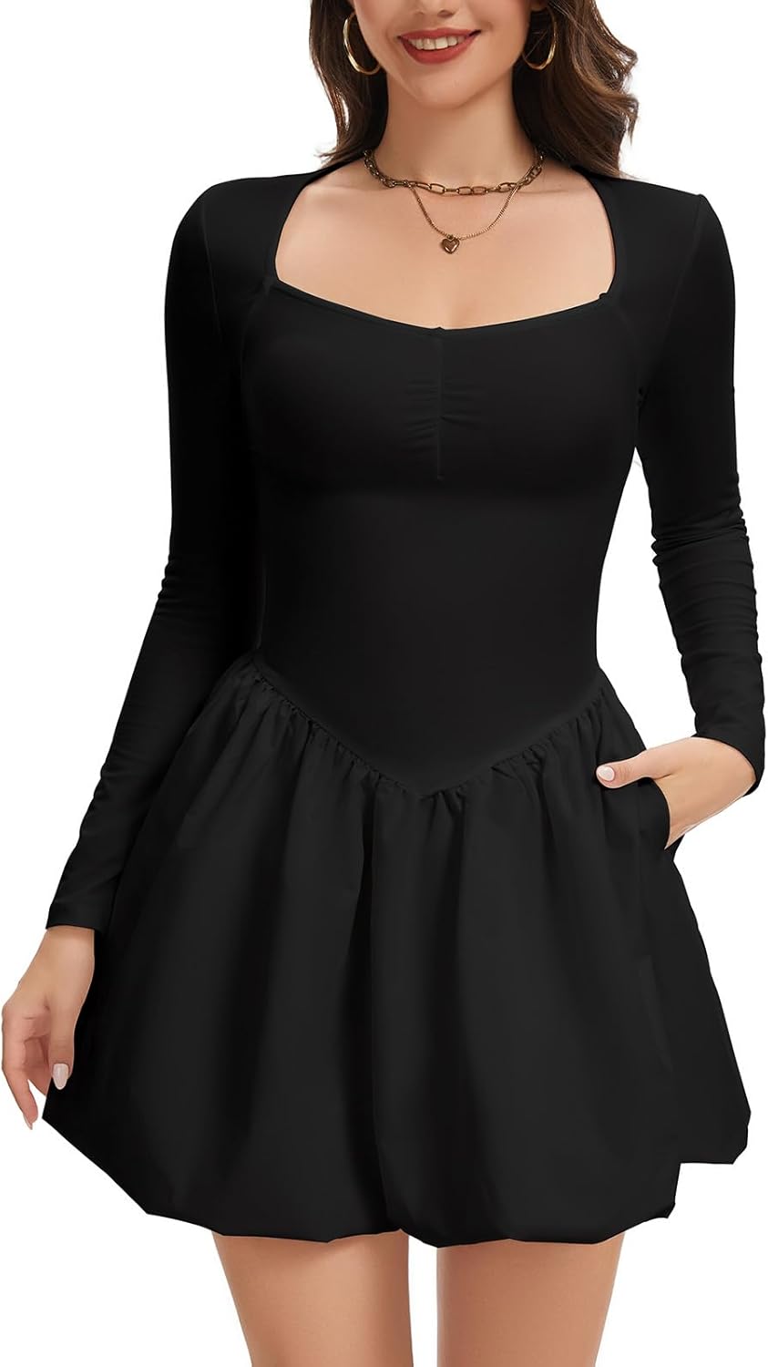 CAPE CLIQUE Long Sleeve Mini Dress for Women Sweetheart Neck Casual Bubble Dress A Line Drop Waist Short Dress with Pockets