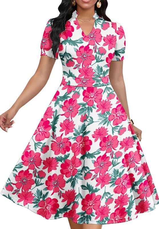 Womens Short Puff Sleeve V Neck Casual Semi-Formal Cocktail Party A-Line Dress