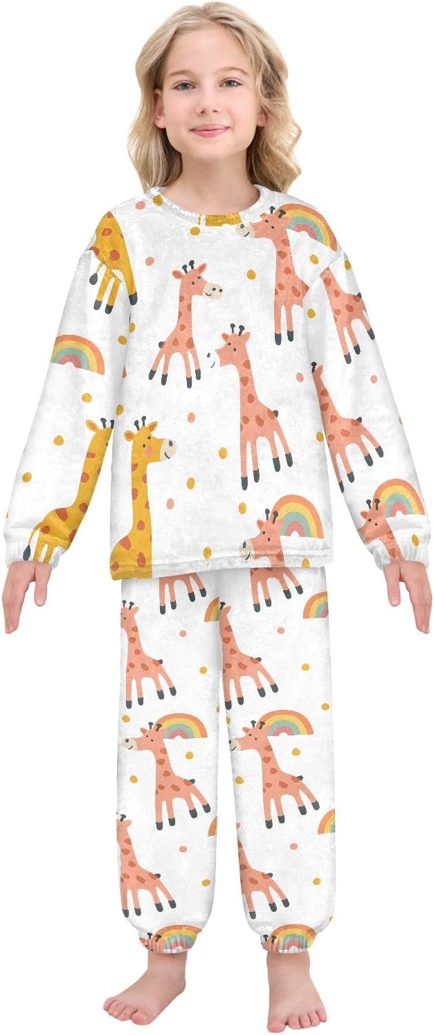 Kids Flannel Sets Giraffe and Rainbow Warm Plush Relaxed Clothing for Boys and Girls