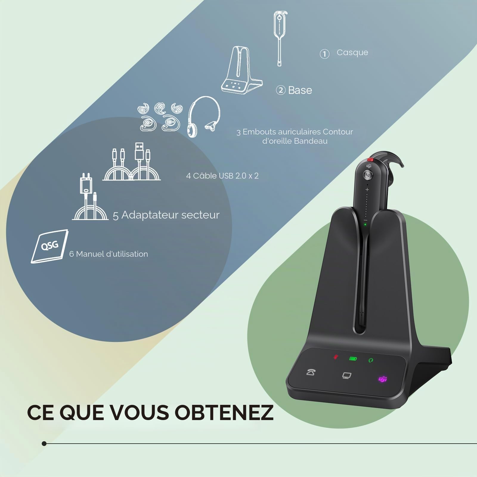 Yealink WH63 Wireless DECT Headset UC, Casque téléphonique de Bureau avec Microphone, portée sans Fil de 120 m, 8 Heures d'autonomie de Conversation, Port dans Les 3 Sens