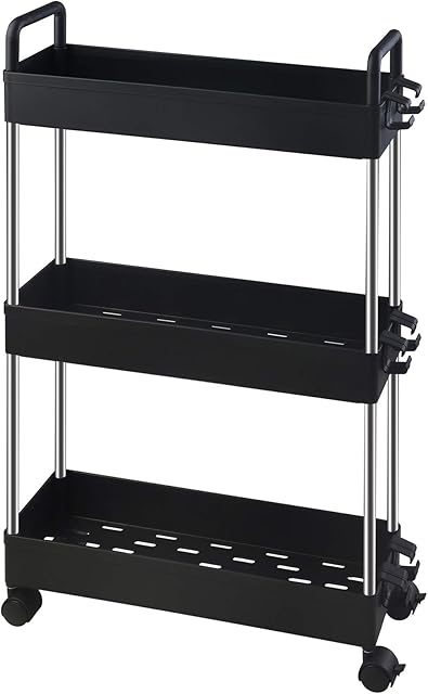 Ronlap 3 Tier Storage Trolley, Narrow Mobile Shelving Unit with Handle Hook Lock Wheels, Thin Rolling Utility Cart Slide Out Skinny Storage Organizer Tower for Kitchen Bathroom Laundry Room, Black