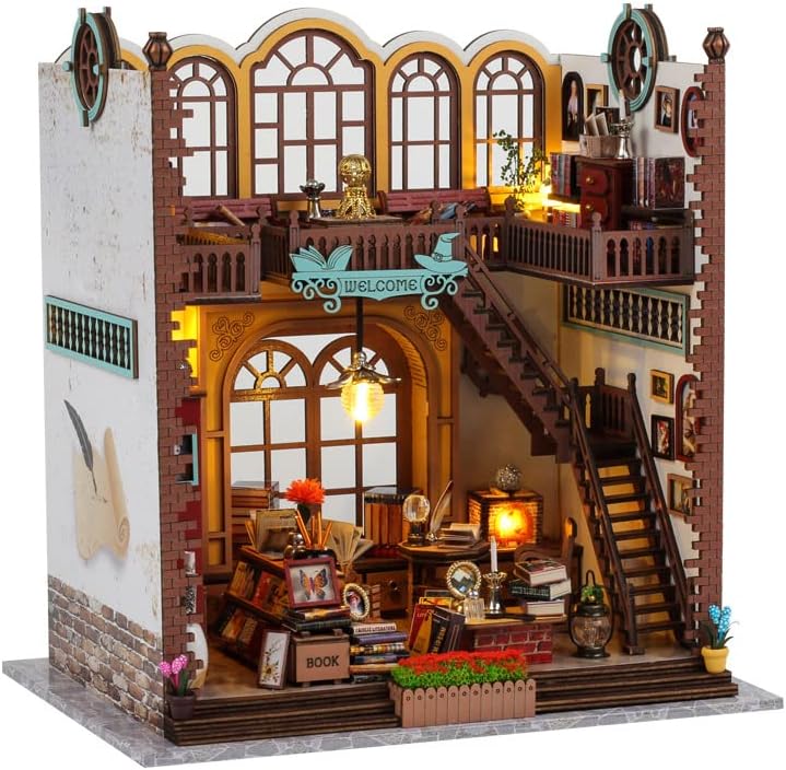 Miniatura 6 de Qooarker Kit de muebles de casa de muñecas de madera en miniatura, mini casa de muñecas hecha a mano con LED, escala 124, juguetes creativos para