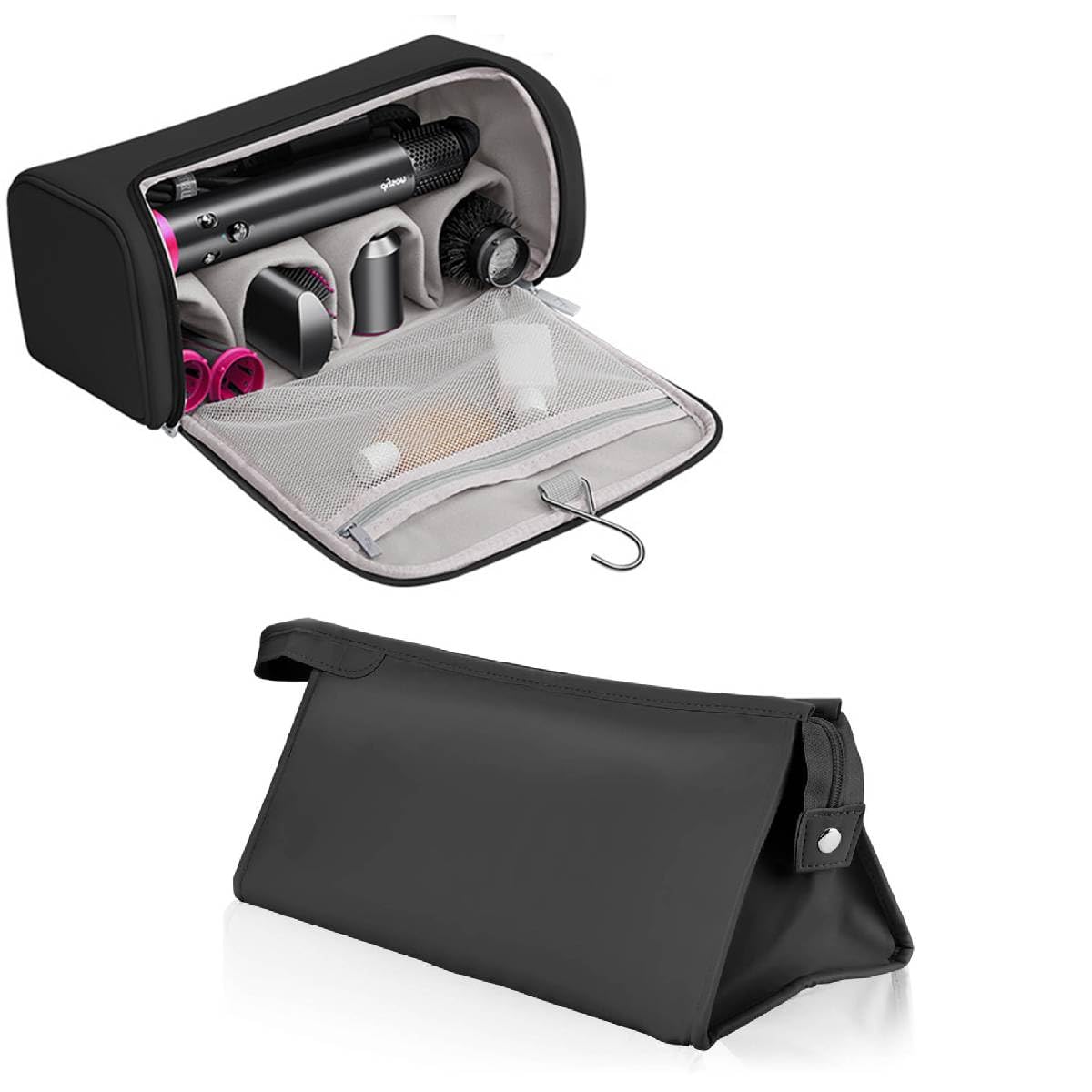 MAYCREATE® PU Leather Travel Case and Organizer Bag Combo for Dyson Airwrap Styler and Attachments, Waterproof, Shockproof, Dustproof Storage, Portable with Hanging Hook, Black, Gift Set