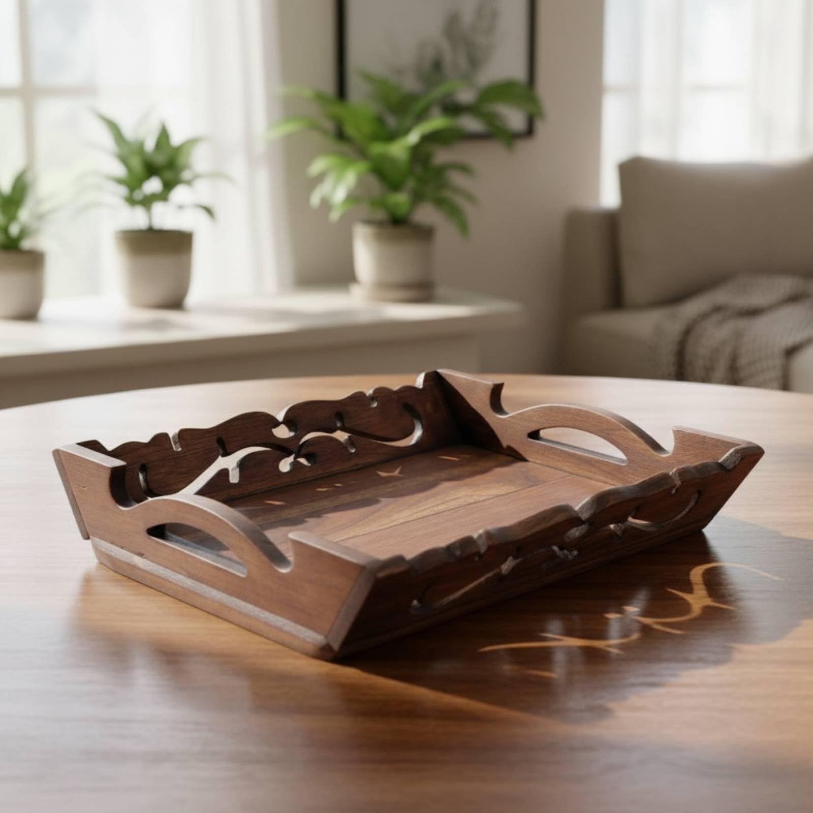 Bandeja de Servicio Compuesta Base Estable Madera Selección Detalle Artesanía Tallada Adecuada para Uso Diario en Sala Fiestas O Familiares, Grande 36.5cm X 31cm X 7.5cm