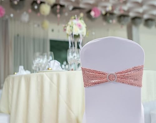 Miniatura 5 de Paquete de 100 bandas de lentejuelas para sillas de color oro rosa, lazos para sillas plegables de fiesta de boda, banda de oro rosa con hebillas