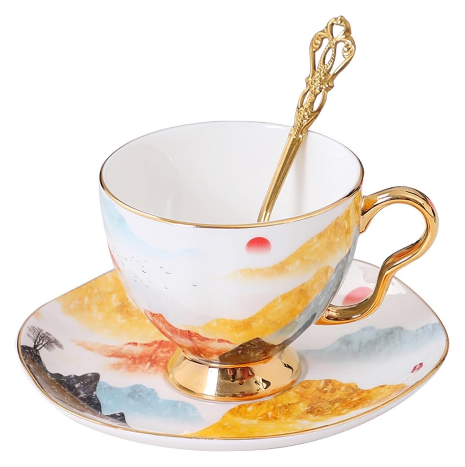 Filiżanka do kawy z porcelany kostnej ze spodkiem złotą krawędzią | Do domu Office Cafe: Filiżanka do kawy z porcelany kostnej ze złotą krawędzią i spodkiem