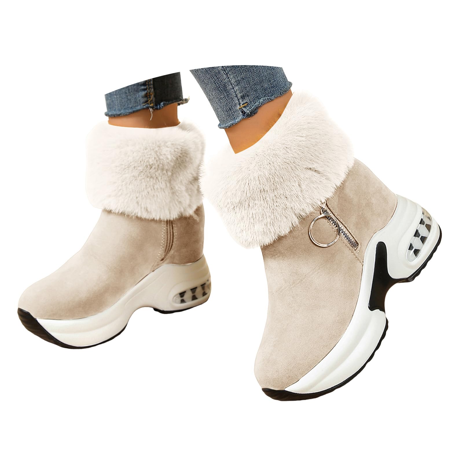 Womens Winter Casual Chunky Heel Ankle Snow Boots Fur Lined Warm Slip On Flats Thick Ankle Booties Zipper
