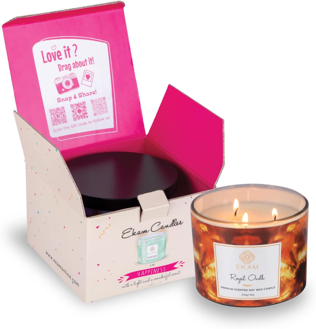 EKAM Royal Oudh 3 Wick Soy Wax Scented Candle - 256 Grams - 30 Hours Burn Time - Ideal for Home Decor, Gifting & Aromatherapy - Best Gift for Diwali