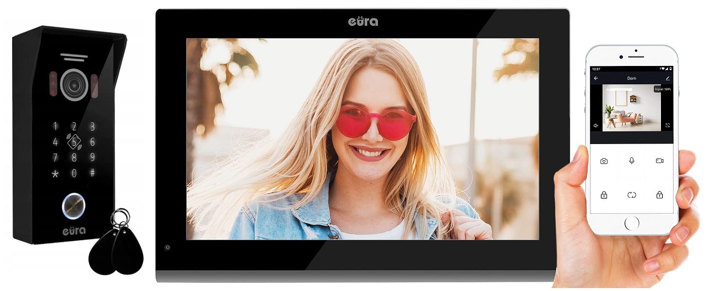 EURA VDP-99C5 4 Wire Video Intercom 10 Inch Color Monitor 2 Input WiFi Encryption RFID 1080P Black