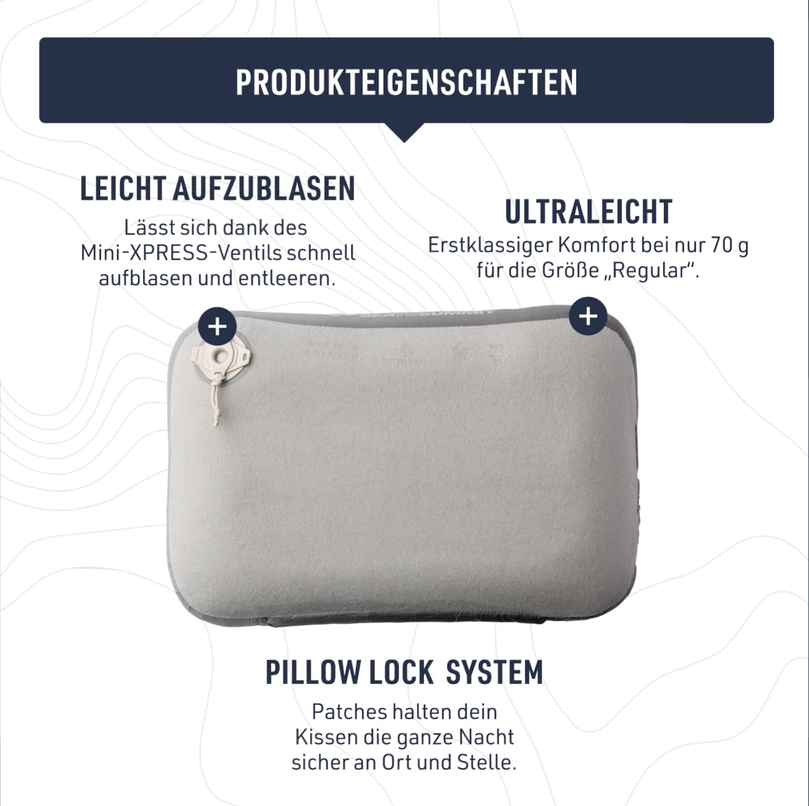 Sea to Summit - Aeros Down Pillow Campingkissen - 70 g - Daunen & Luftkammer Komfort - Xpress-Ventil - bis 12 cm Höhe - rutschfest mit PillowLock - für Trekking, Camping & Reisen