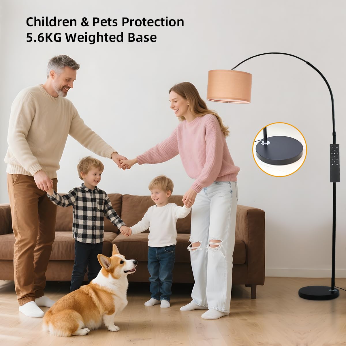 ANTENLICHT AURA Lampada ad Arco con Telecomando | Lampada da Terra Dimmerabile | Con LED E27, Paralume in Lino 33 cm Marrone | Interruttore a Pedale | Design Vintage per Camera, Hotel