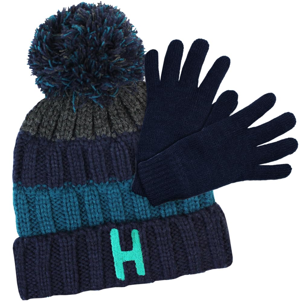 TeddyT's Personalised Initial Boys Blue Striped Chunky Knitted Bobble Hat & Navy Gloves (5-12 Years)