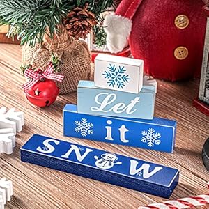 Gerrii 4 Pcs Winter Table Decor Snowflake Block Signs Wooden Tabletop Decor Rustic Winter Tiered Tray Blocks Farmhouse Snow Decorations for Home office